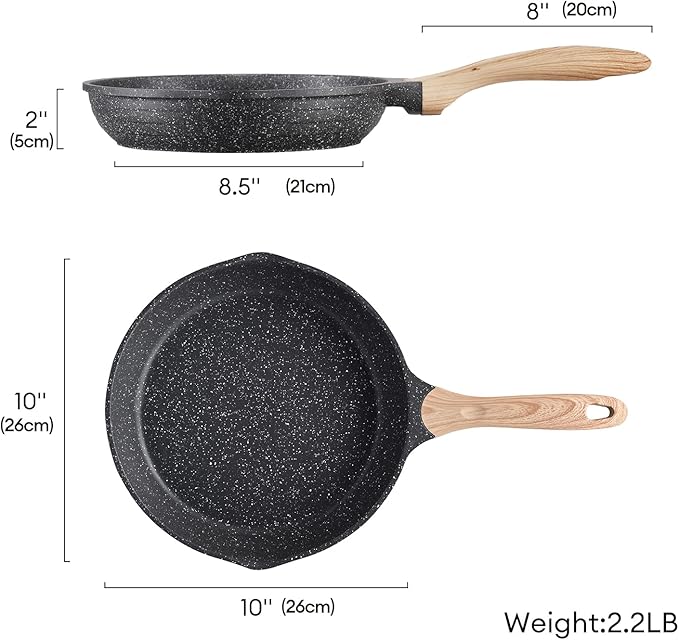 JEETEE 10 Inch Nonstick Frying Pan, Stone Coating Cookware, Nonstick Omelette Pan with Heat-Resistant Handle, Compatible with All Stoves (Grey)