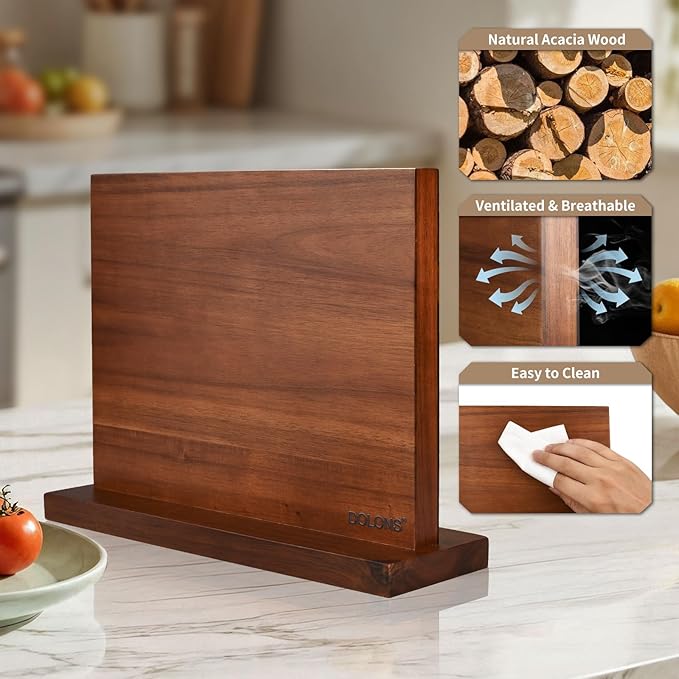 Magnetic Knife Block, Thickened Acacia Wood Kitchen Knife Holder Stand with Strong Magnets, Multifunctional Double Side Knife Storage Organizer for Kitchen Counter (Brown)