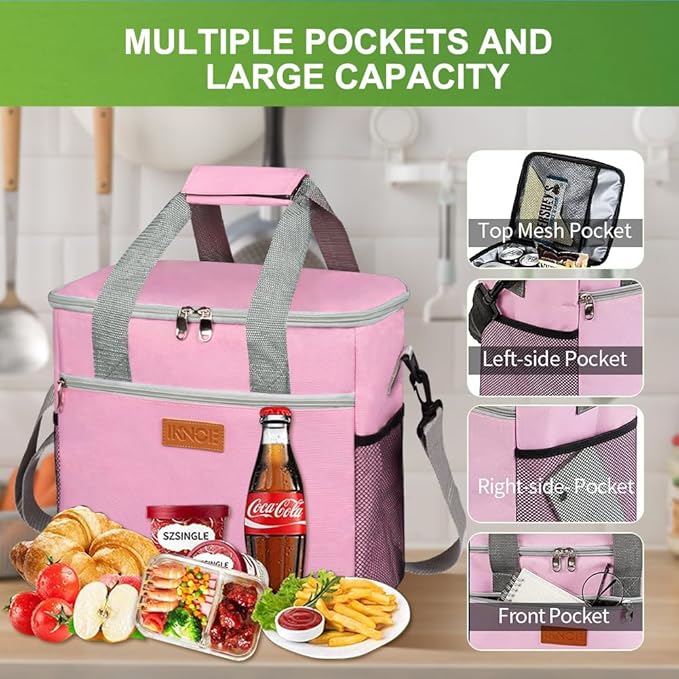 Iknoe Large Cooler Bag Collapsible 24 Can Insulated Bags Leakproof Lunch Cooler Tote with Multi-Pockets for Adult Insulated Thermal Bag for Beach, Picnic, Office Work(Pink)