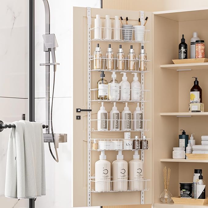 Delamu Adjustable Cabinet Door Organizer, 6-Tier Hanging Spice Rack Organizer, Metal Over the Door Pantry Organizer, Pantry Organizers and Storage Shelves for Kitchen Bathroom Laundry Room, White M