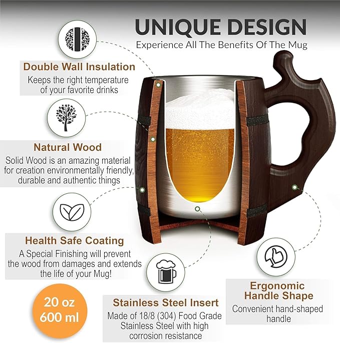 Set of 6 Beer Mug 20 OZ - Tankard Mug - Beer stein - Wooden beer mug - Stainless Steel Cup - Handmade Gifts for Men - Fathers Day, Christmas or Birthday Gift Idea - Barrel Brown