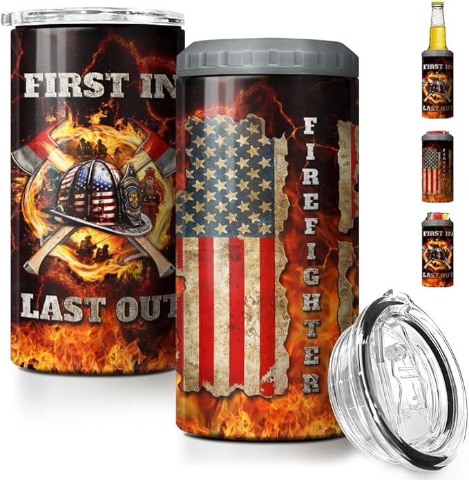 SANDJEST Firefighter Tumbler American Flag 4 in 1 12oz Tumbler Can Cooler Coozie Skinny Stainless Steel Tumbler Gift for Firemen Fire Department Dad Men Father Graduation Retirement