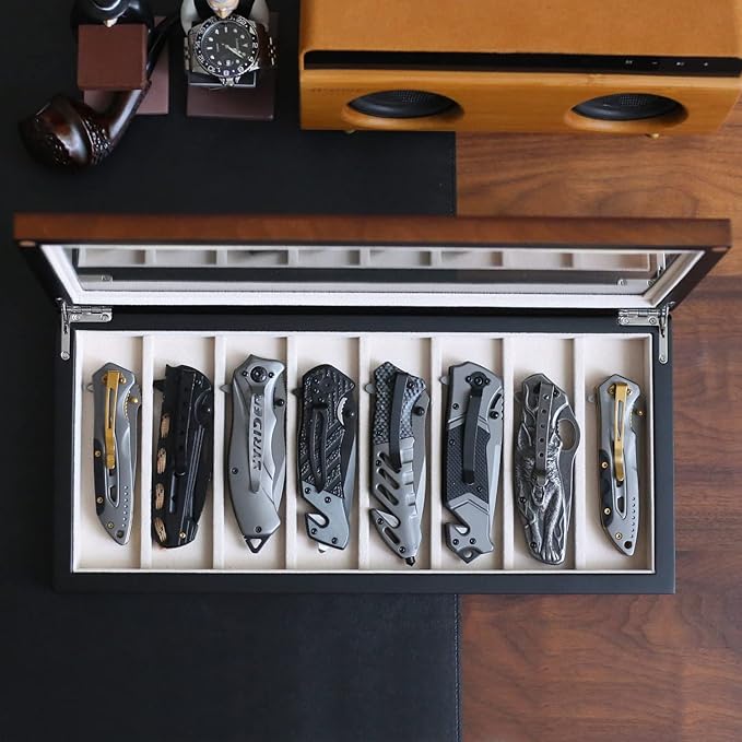 Knife Display Case Organizer storage 8 pocket knives, Folding Knife Holder with Real Glass Window Top， Pocket knife collection box for men gift (Walnut Veneer 8 slot)