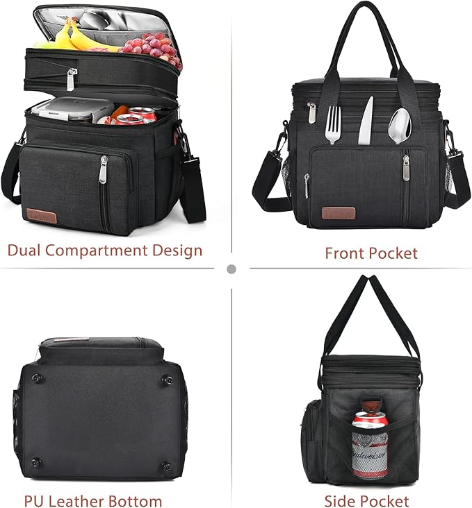 LOKASS Lunch Box for Women-Double Deck Insulated Adults Lunch Bag with Removable Shoulder Strap- Cute Wide Open Lunch Tote for Work/Office/Picnic/Beach/Travel (Black)
