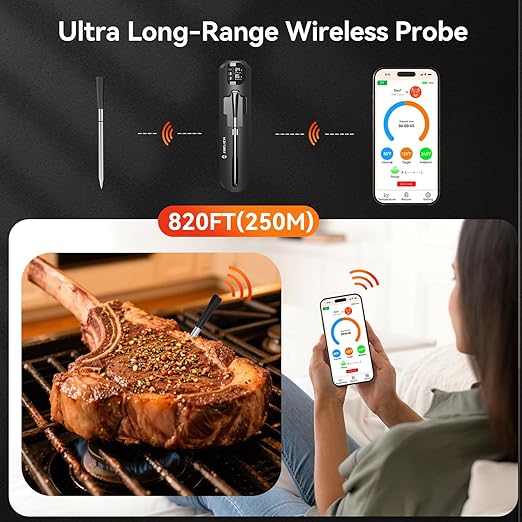 Smart Wireless Meat Thermometer with Ultra-Thin Probe, 820FT Unlimited Range Bluetooth Meat Thermometer, Digital Food Thermometer for Remote Monitoring of BBQ Grill, Oven, Air Fryer