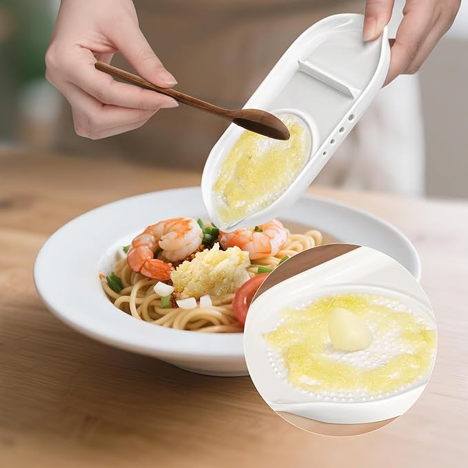 WhiteRhino 4 in 1 Ceramic Garlic Grater with Egg Cracker,Spoon Rest and Herb Stripper, Ginger Grater Plate for Grinding Wasabi Fruits Vegetables Ginger Garlic Cheese(6.76inx3.7in)
