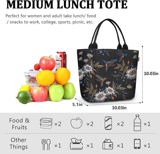 Gloppie Womens Lunch Bags for Work Leakproof Lunch Bag Women Insulated Lunch Tote Cooler Bag Loncheras para mujer Hummingbird Daisy 9L