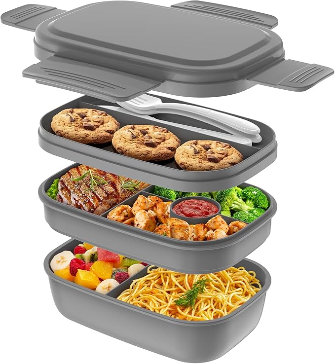 Bento Box Adult Lunch Box,3 Stackable Bento Lunch Containers for Adults/Kids, Modern Minimalist Design Bento Box with Utensil Set, Leak-Proof Lunchbox for Dining Out, Work, Picnic, School