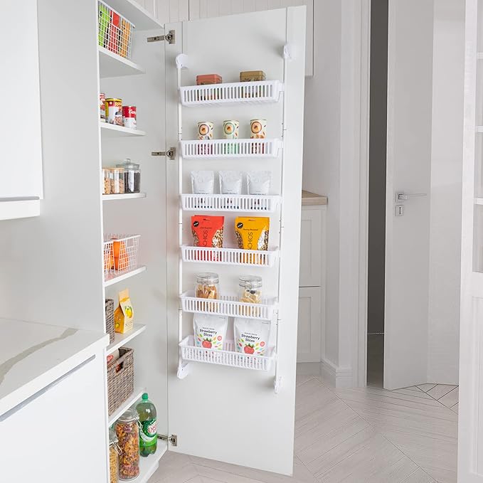 Smart Design Over-The-Door Organizer for Storage – Perfect for Pantry Organization, Bedroom, Bathroom Storage, Playroom, or Kitchen - Adjustable Steel Frame with 6 Baskets & Wall Mount – White