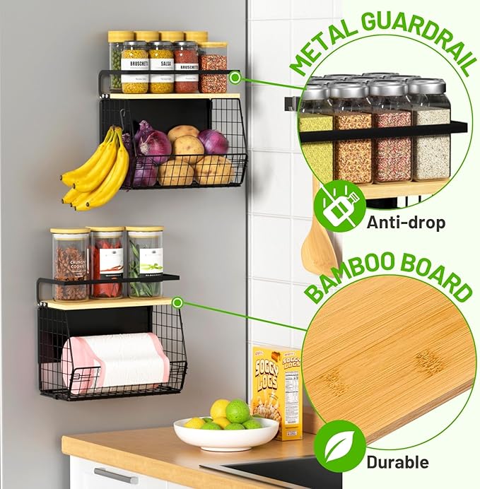 Magnetic Shelf for Fridge with Wood Lid, Fruit Potato and Onion Storage Bins, Pantry Organizers & Storage, Large Container Magnetic Spice Rack for Refrigerator, Kitchen Counter (Black, 2)