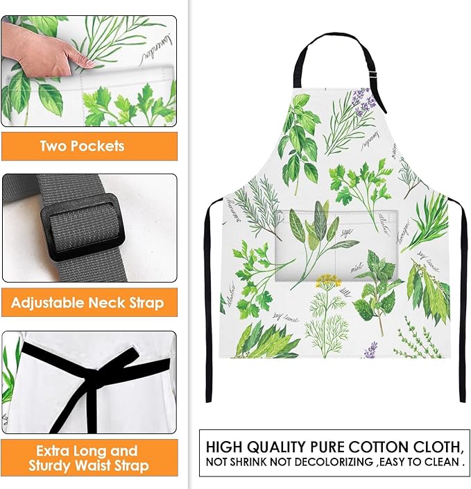 Britimes Apron Home Kitchen Cooking Baking Gardening for Women Men With Pockets Herbs Leaf Natural Gardening Basil 32x28 inch