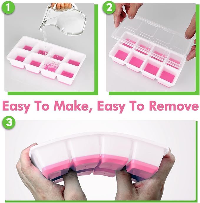Large Ice Cube Trays with Lid, Jrisbo 2 Pack Stackable Silicone Ice Cube Molds for Freezer, Easy Release 16 Big Square Ice Trays for Whisky Cocktails (Pink)