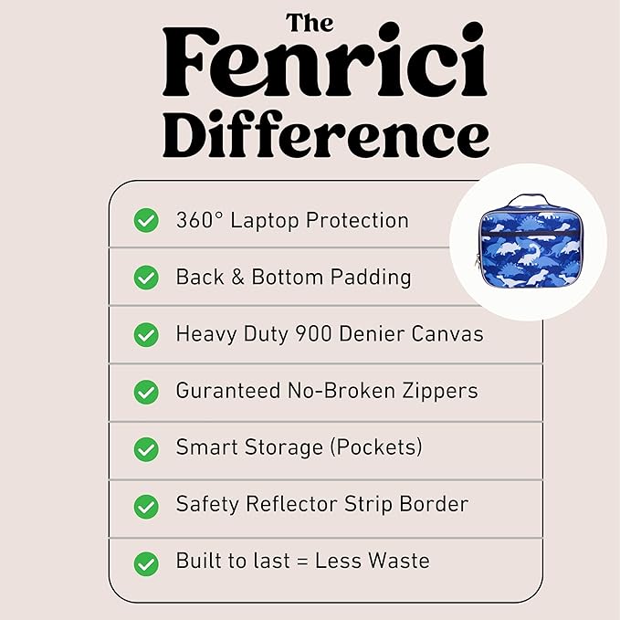 Fenrici Dinosaur Lunch Box for Boys, Kids, Kids' Lunch Box for School, Insulated Lunch Bag for Preschool, K-6, Soft Sided Compartments, Spacious, BPA Free, 10.8in x 8.5in x 2.8in, Dino, Blue
