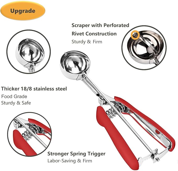 Cookie Scoop, Ice Cream Scoop, 1Tbsp/15 ml/0.5oz Cookie Scoops for Baking, 18/8 Stainless Steel Cookie Scooper for Baking, Cookie Dough Scoop with Non-slip Grip (Red)