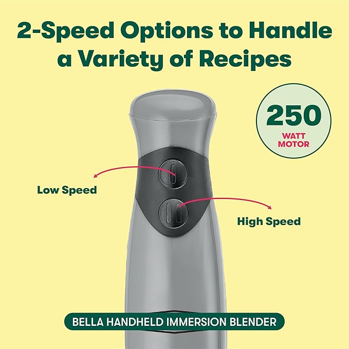 BELLA Immersion Hand Blender, Portable Mixer with Whisk Attachment - Electric Handheld Juicer, Shakes, Baby Food and Smoothie Maker, Stainless Steel, Grey