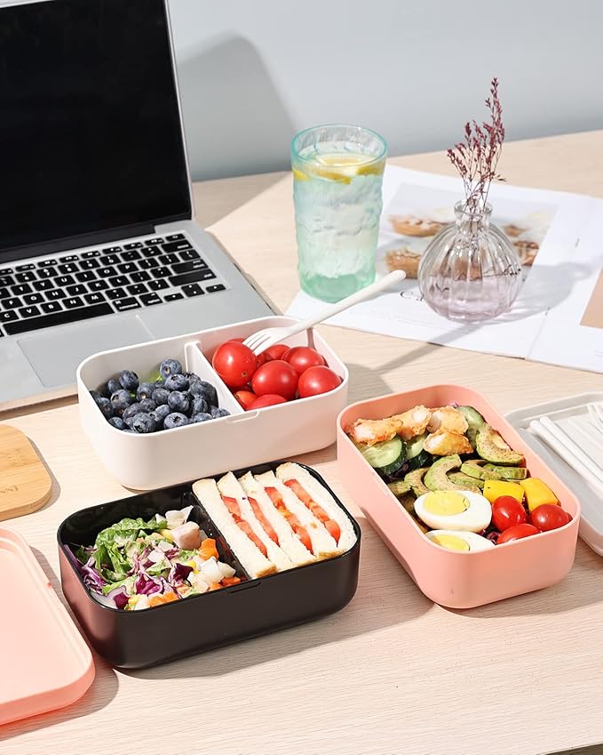 Bento Box Lunch Box Containers for Adults - Natural Bamboo Lid, Cutlery & Chopsticks, Lunch Box for Women, Microwave Safe, Dishwasher Safe, Bpa Free, Leakproof, Men