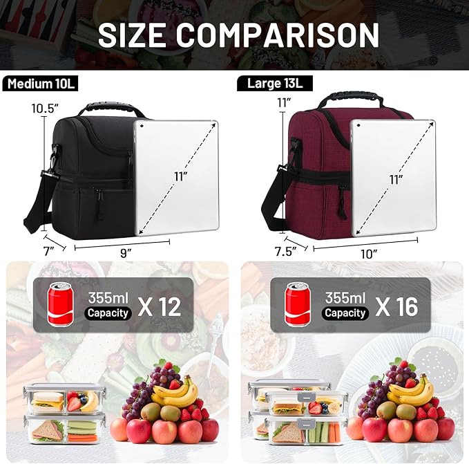 MIER Adult Lunch Box Insulated Lunch Bag Large Cooler Tote Bag for Men, Women, Double Deck Cooler (Dark Red, Large)