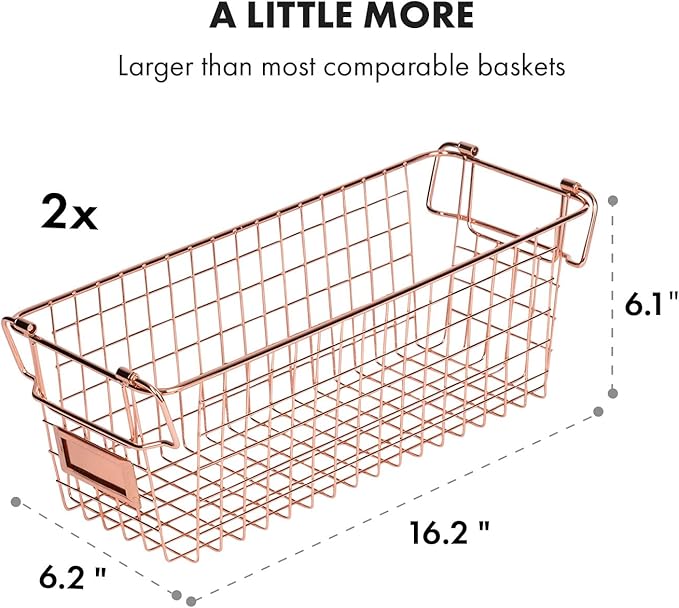 Granrosi Stackable Large Wire Baskets for Organizing — Set of 2 Rose Gold Wire Storage Baskets with Handles; Snacks & Chips Organizer for Pantry; Metal Storage Bins for Pantry