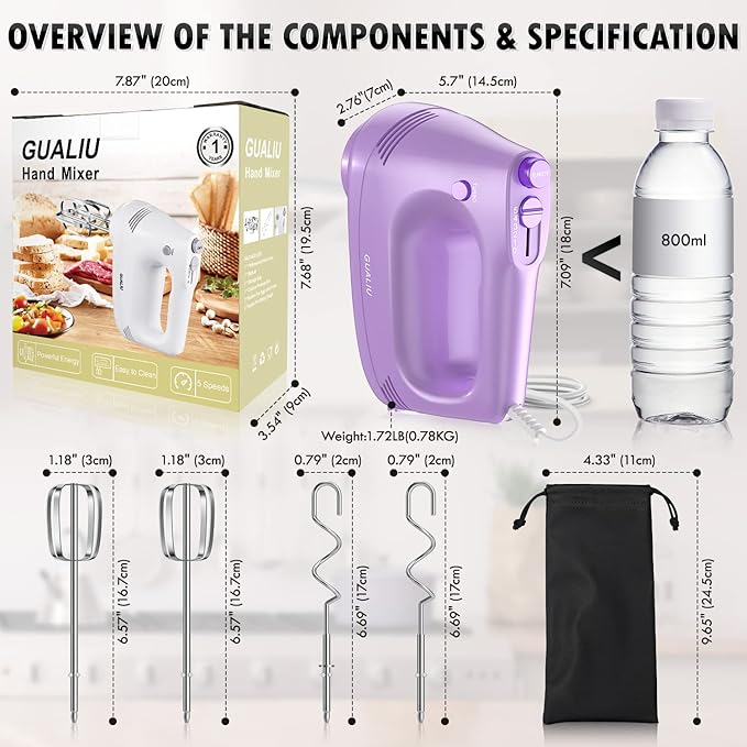 Electric Hand Mixer with Stainless Steel Whisk, Dough Hook Attachment and Storage Bag, Handheld Mixer for Baking Cakes, Eggs, Cream Food Mixers. Turbo Boost /5 Speed Kitchen Blender PURPLE