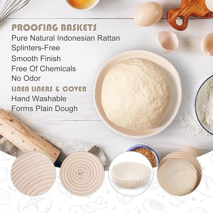 CODOGOY Banneton Bread Proofing Basket, Sourdough Bread Baking Supplies, Sourdough Starter Kit with 9" Round Proofing Basket, Food Thermometer, Spatula, Scraper, Dough Whisk