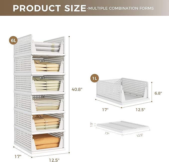 Pinkpum 6 Pack Closet Organizers Storage Box, Stackable Plastic Drawer Basket for Clothing, Stackable Storage Bins Shelf Storage Container for Closet Wardrobe Bedroom Bathroom Office White