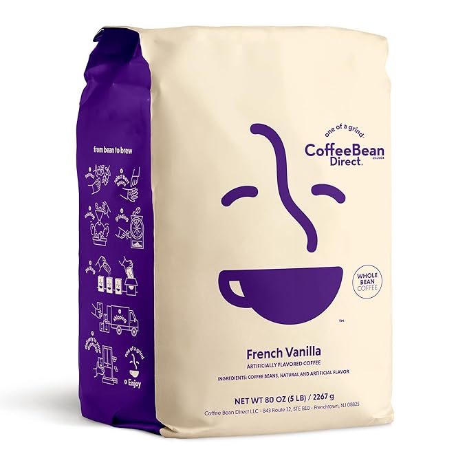 Coffee Bean Direct French Vanilla Flavored, Whole Bean Coffee, 5 Pound Bag (Pack of 1)