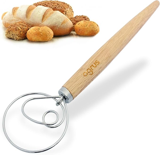 Danish Dough Whisk - Bread Making Tools - Danish Dough Hook - Bread Dough Mixer Hand - Bread Dough Whisk for Pastry - Large Stainless Steel Swedish Whisk with Wooden Handle