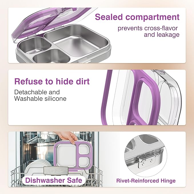 Stainless Steel Lunch Box: Metal Bento Box for Kids Adults - 3 Compartments Leak-Proof Lunch Box, Purple