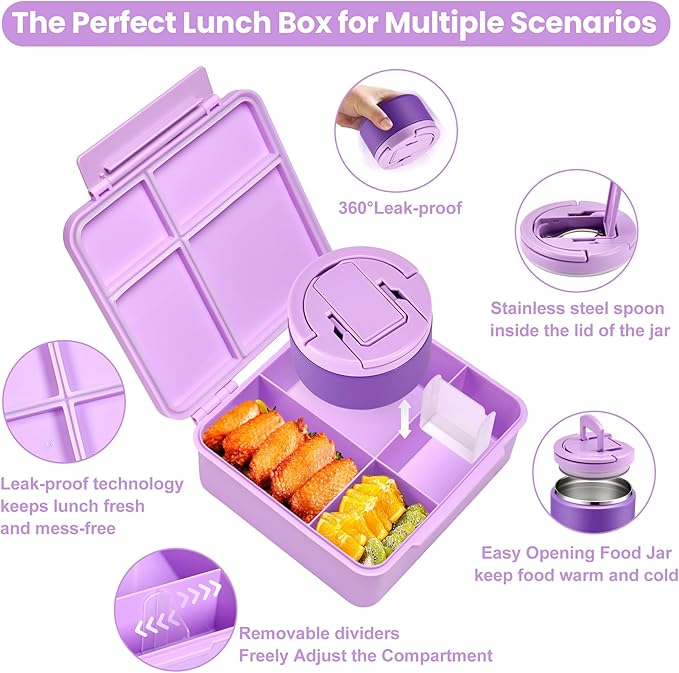Bento Lunch Box for Kids with 8oz Soup Thermo,Kids Leakproof Lunch Food Containers with 4 Compartment,Kid Insulated Thermo Hot Food Jar for School,Trvael-Purple