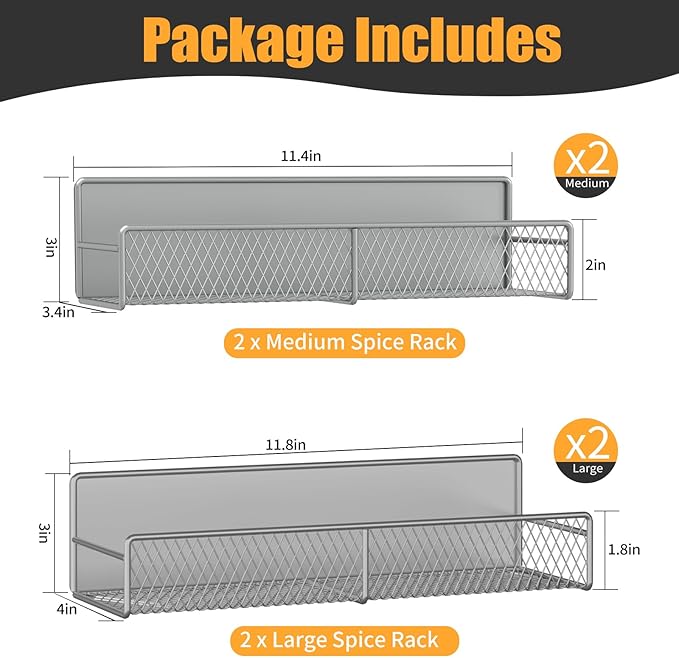 Magnetic Spice Rack for Refrigerator, 4 Pack 100% Metal Strong Magnet Fridge Shelves, Space Saving Spice Organizer, No Drilling Home Kitchen Laundry Room Storage Organization Moveable, Grey