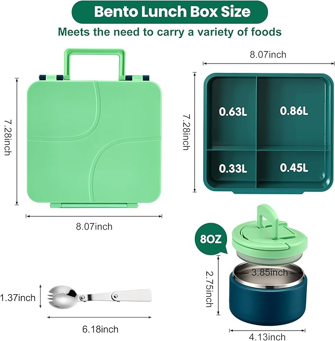 Bento Lunch Box for Kids with 8oz Soup Thermo,Kids Leakproof Lunch Food Containers with 4 Compartment,Kid Insulated Thermo Hot Food Jar for School,Trvael-Green