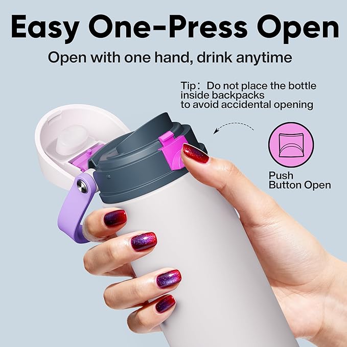 Insulated Water Bottle with Straw - Encool Stainless Steel Water Bottle with Push Button Lid, Leak-Proof & BPA-Free, Keeps Cold for 24 Hours for Sports, Travel, Gym (18 oz, Oyster Pink)
