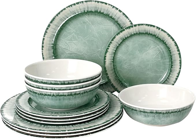 AELS Melamine Dinnerware Set of 12 Pcs Dinner Dishes Set for Indoor and Outdoor Use, Dishwasher Safe, Lightweight Unbreakable, BPA Free, Sage Green