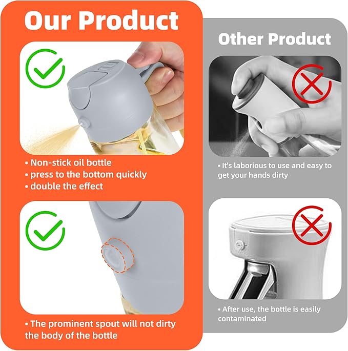TrendPlain 16oz/470ml Glass Olive Oil Sprayer for Cooking – 2 in 1 Olive Oil Dispenser Bottle for Kitchen Gadgets and Air Fryer Accessories, Salad, BBQ - Ash