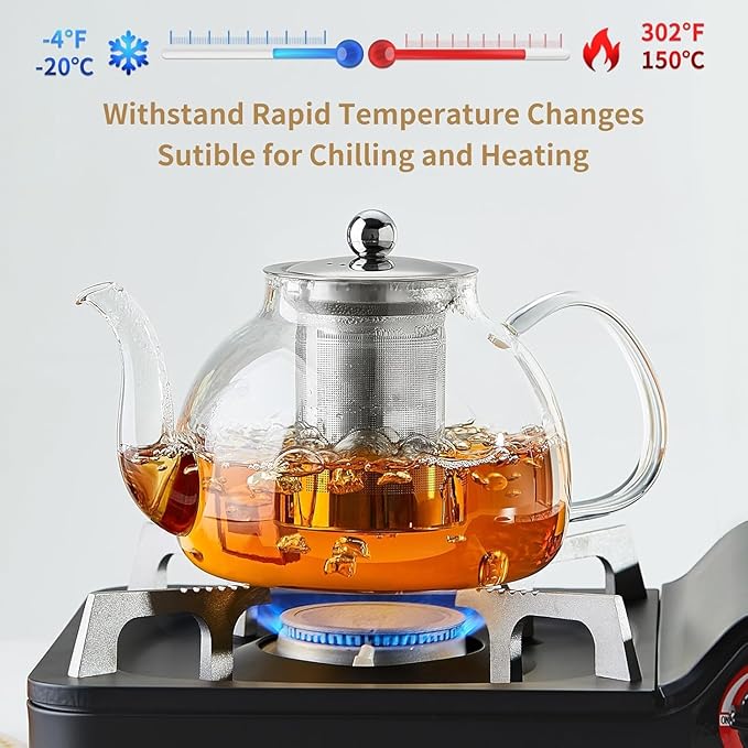 60OZ (1800ML) Glass Teapot with Infuser Stovetop Safe, Clear Glass Tea Pot Kettle, Borosilicate Tea Pot with Infusers Filter for Loose Tea, Tea Kettle Dishwasher Safe