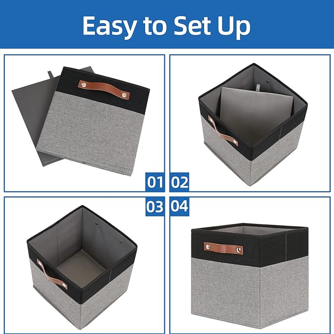 Temary 11 x 11 Cube Storage Bins Fabric Storage Cubes for Shelf, Closet, 4 Pack Cube Basket for Clothes, Storage Cube Bins with Leather Handles(Black&Grey)