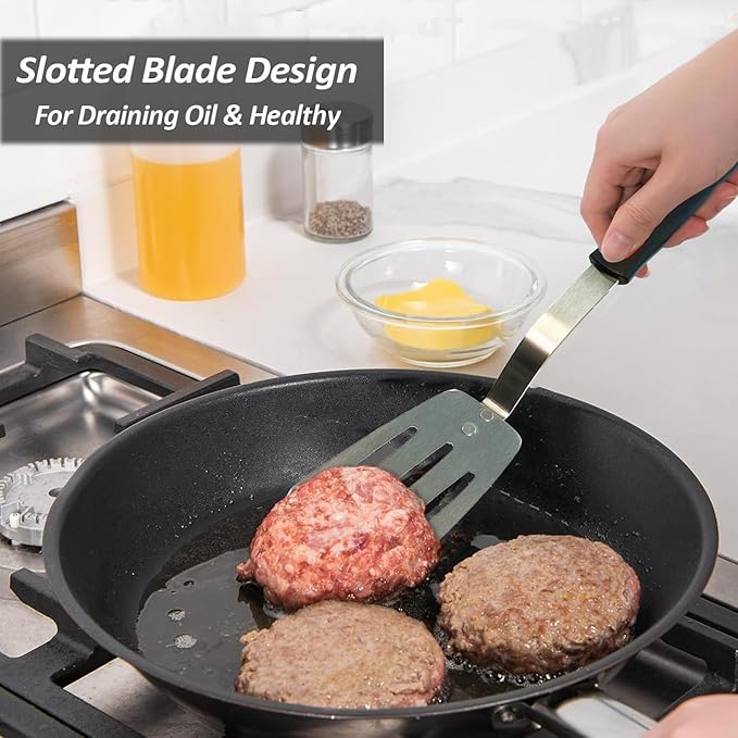 Stainless Steel Spatula, Flexible Metal Slotted Turner for Cast Iron Skillet, Thin Blade and Heat Resistant Silicone Handle, Great for Egg, Cookie, Meat, Crep, Medium