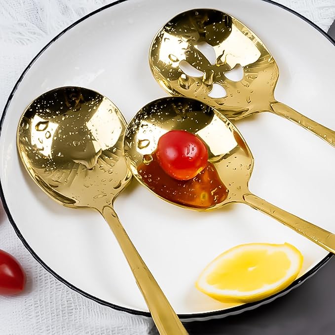 Serving Spoons Set, 9.14 Inch Slotted Spoon Serving Spoon,Stainless Steel Serving Utensils for Buffet(6Pack,Gold)
