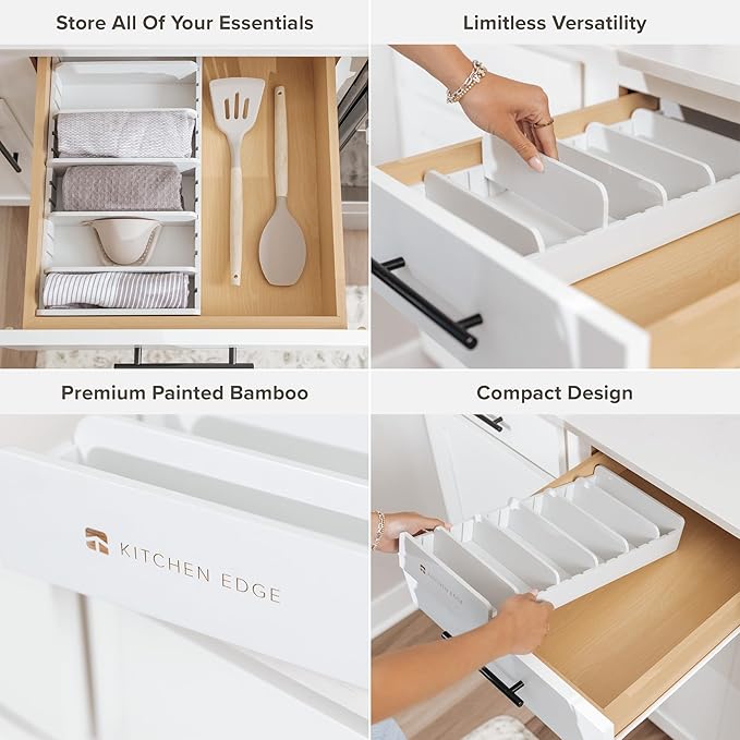 KitchenEdge Bamboo Kitchen Towel and Food-Storage Organizer, Perfect for Kitchen Drawers, Cabinets, Pantry, 5 Adjustable Wall Inserts, Non-Slip Feet, Organize Food Containers, Food-Safe White Finish