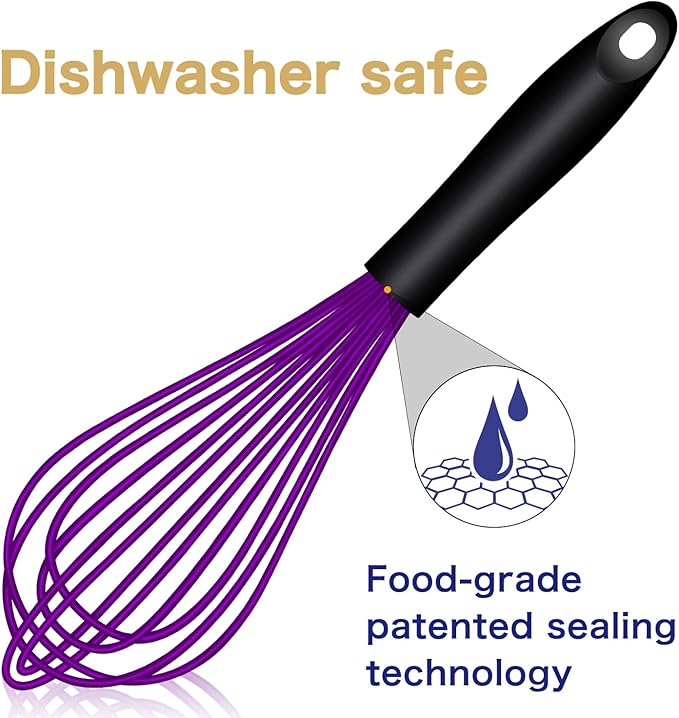 Dishwasher Safe Purple Silicone Whisk, Sealed Waterproof Design Set of 3, Professional Kitchen Whisks for Cooking Non-Scratch, Silicone & Stainless Steel Whisk, Heat Resistant Balloon Egg Beater