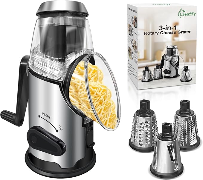 Rotary Cheese Grater with Handle,3 Changeable Blades for Kitchen Vegetable Cheese Shredder Slicer Grater,Nut Grinder,Easy to Use and Clean,Stainless Steel-Black Silver