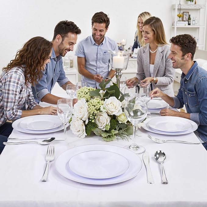 KIRE 200PCS Silver Plastic Plates - White Plastic Plates with Silver Rim Include 100 Dinner Plate and 100 for Dessert/Salad Plate for Birthday/Wedding/Party for Christmas