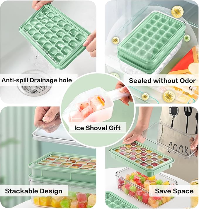 Longzon Ice Cube Tray with Lid and Bin, 56 Pcs Ice Cube Trays for Freezer, Ice Cube Mold, Ice Molds Spill-Resistant Removable Lid & Ice Scoop, Ice Mold for Whiskey Cocktail, Tea, Coffee -Green
