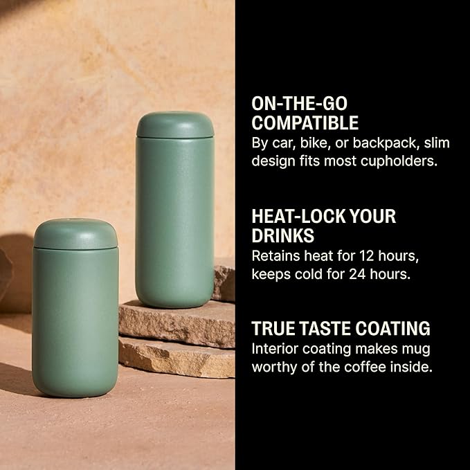 Fellow 16 oz Carter Move Travel Mug - Vacuum-Insulated Stainless Steel Travel Coffee Mug - Coffee Tumbler with Ceramic Interior and Splash Guard - Smoke Green