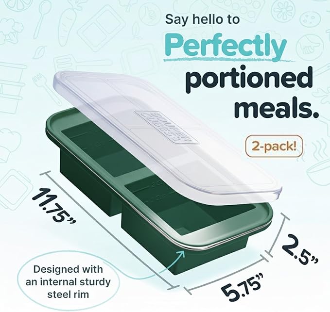 Souper Cubes 2 Cup Silicone Freezer Tray with Lids, Perfect for Storing Lasagna, Leftovers, Sauces, Portioned Meals and More, Silicone Soup Freezer Molds for Meal Prepping - Kale - 2-Pack