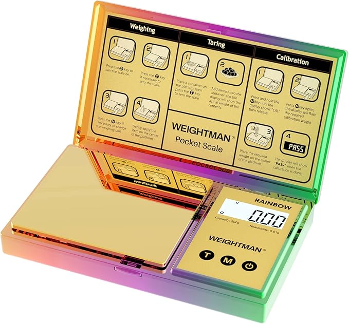 WEIGHTMAN Shiny Digital Gram Scale 200g x 0.01, Chrome Rainbow Mini Scale for Food Ounces and Grams, Iridescent Plating Pocket Scale, Small Jewelry Scale, Travel Scale, Backlit LCD, 6 Units