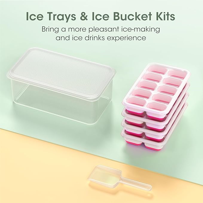 DOQAUS Ice Cube Tray with Lid and Bin, 4 Pack Silicone Plastic Ice Cubes Trays for Freezer with Box/Container, Stackable with Storage Iced Bucket Kits, Scoop, for RV, Soup, Food, Cocktail, Coffee