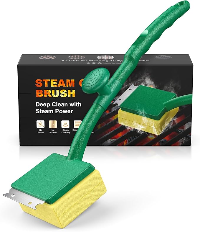 Steam Grill Brush Bristle Free for Outdoor Grill, BBQ Grill Cleaning Brush with Scraper & Cleaning Pad, 15.7" Extra Long Safe Grill Cleaner, Barbecue Brush for Cast Iron/Stainless-Steel Grates