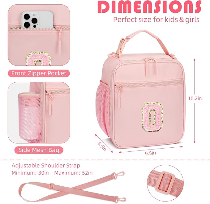 Initial Insulated Lunch Bag for Girls Kids, Back to School Gift, Reusable Leak-proof Lunch Box with Adjustable Strap for School Daycare Travel Picnic (Pink,O)
