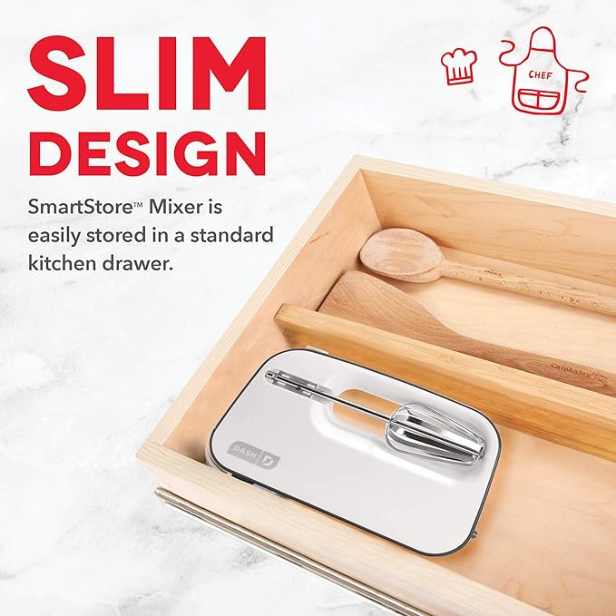 Dash SmartStore™ Deluxe Compact Electric Hand Mixer + Whisk and Milkshake Attachment for Whipping, Mixing Cookies, Brownies, Cakes, Dough, Batters, Meringues & More, 3 Speed, 150-Watt – Grey